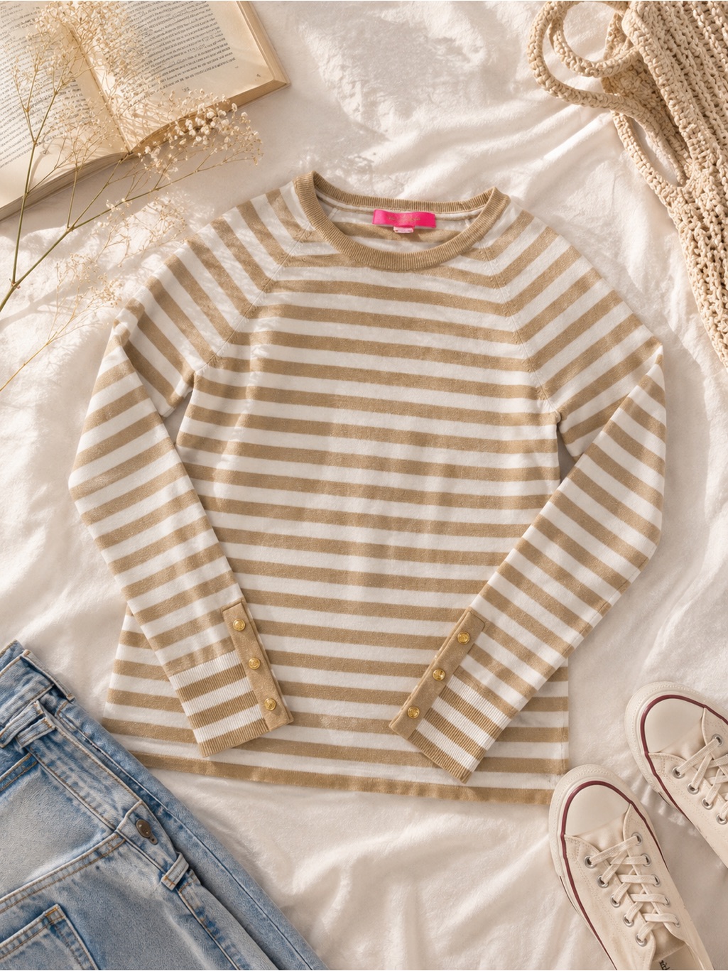 Lilly Pulitzer Gold & White Stripe Dinah Crewneck Sweater Women's Small
